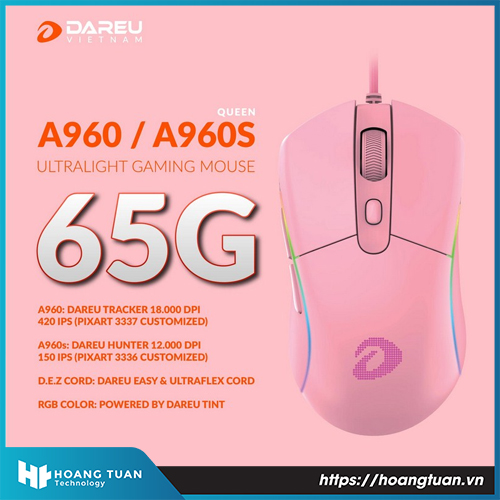 Chuột DareU A960S RGB Queen Pink Ultra LightWeight