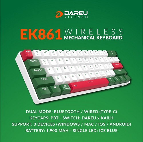 Bàn phím cơ DareU EK861 Green White Bluetooth Red switch